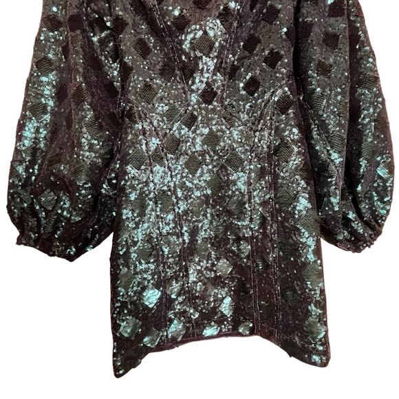 Free People Teal Sequined Chantes Holiday Backless Blouson Sleeves Dress Size 2 - Picture 8 of 16